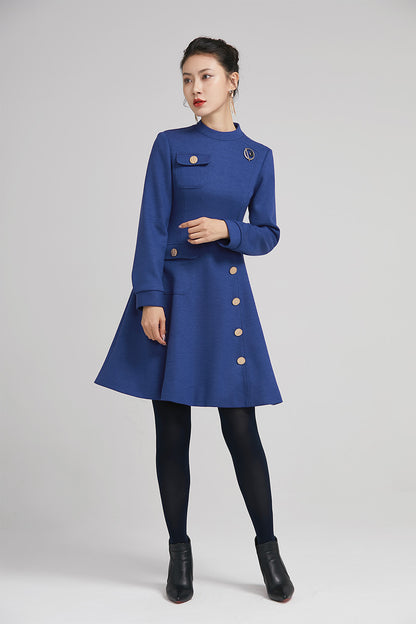 Blue Wool Short Dress - Fitted Silhouette with Front Pockets 2238