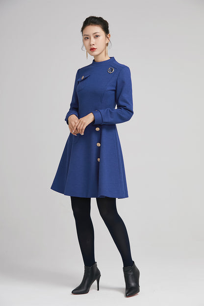 Blue Wool Short Dress - Fitted Silhouette with Front Pockets 2238
