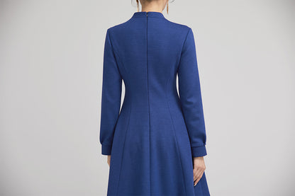 Blue Wool Short Dress - Fitted Silhouette with Front Pockets 2238