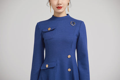Blue Wool Short Dress - Fitted Silhouette with Front Pockets 2238