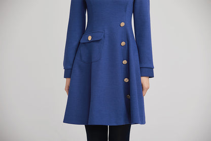Blue Wool Short Dress - Fitted Silhouette with Front Pockets 2238