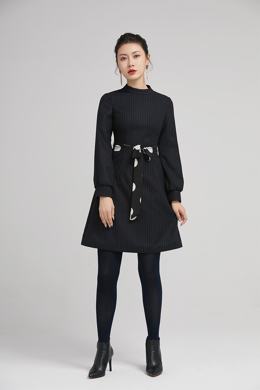 navy blue winter short wool dress with long sleeves 2239 XiaoLizi