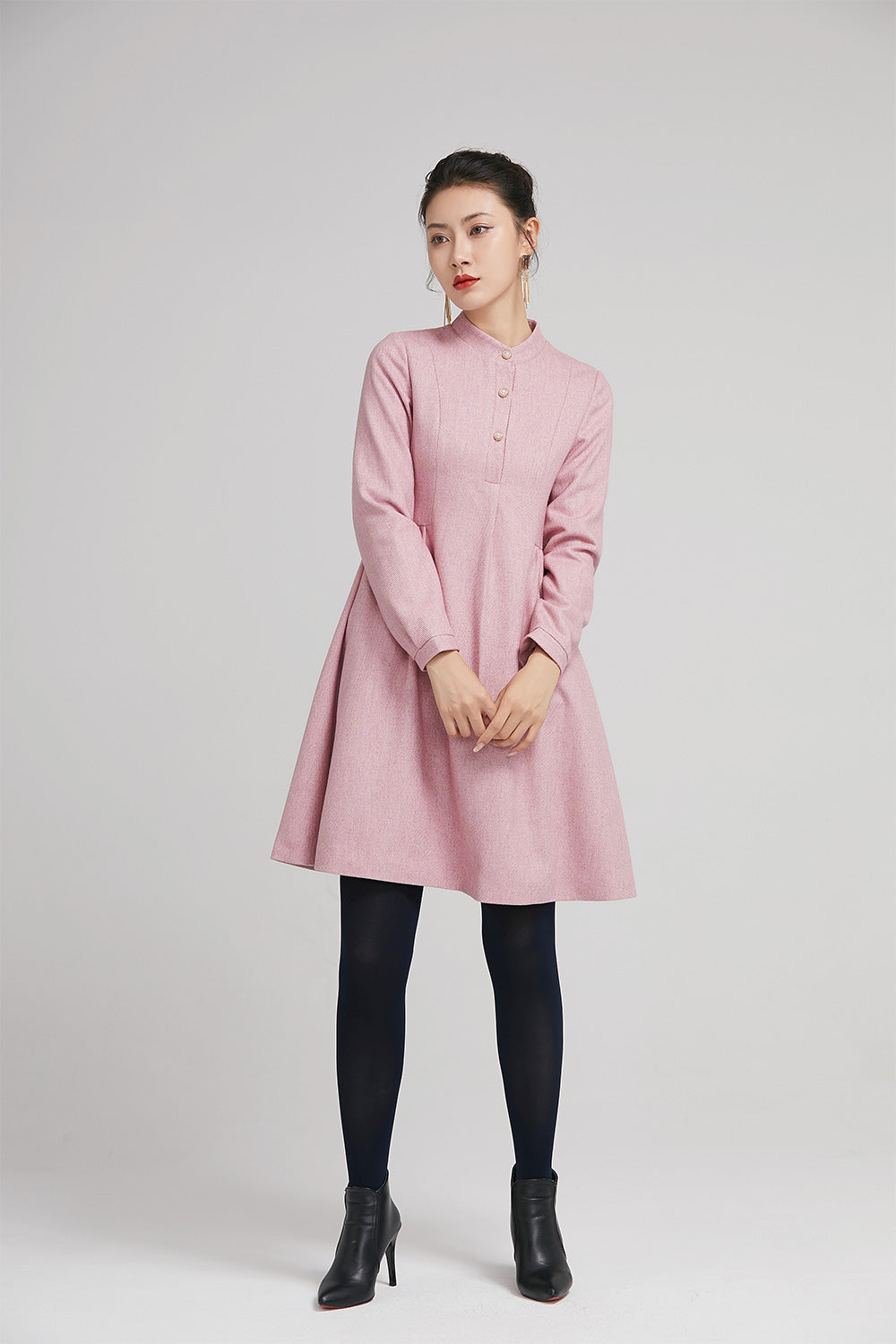 pink short wool winter dress with long sleeves and pockets 2240 Xiaolizi pink short wool winter dress with long sleeves and pockets 2240 Xiaolizi