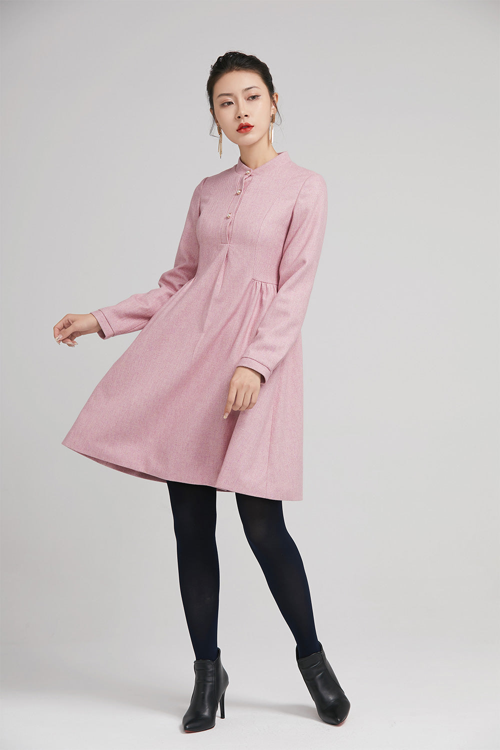 pink short wool winter dress with long sleeves and pockets 2240 Xiaolizi pink short wool winter dress with long sleeves and pockets 2240 Xiaolizi