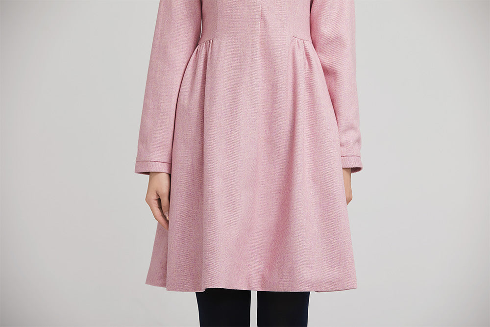 Pink Wool Short Dress with Front Pearl Buckle and Long Sleeves – Xiaolizi