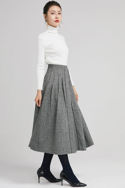 Gray Wool Pleated Midi Skirt with Pockets | Winter A-Line Skirt 2243