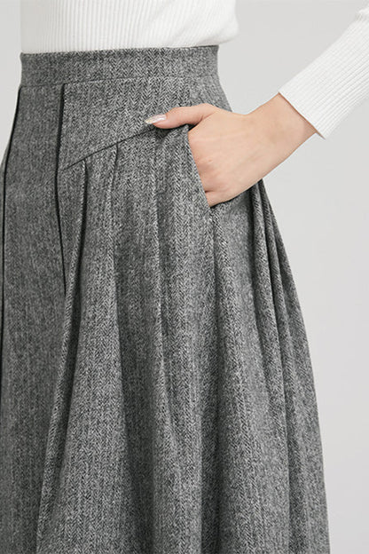 Gray Wool Pleated Midi Skirt with Pockets | Winter A-Line Skirt 2243
