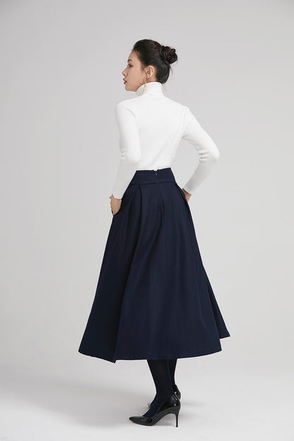 Navy Wool Pleated Midi Skirt - Wide Waistband, Leather Detail 2245