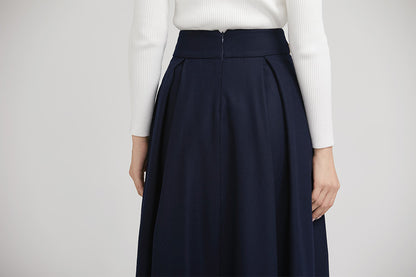 Navy Wool Pleated Midi Skirt - Wide Waistband, Leather Detail 2245