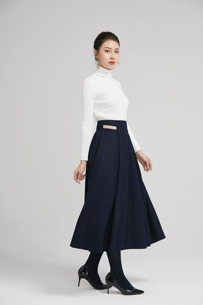 Navy Wool Pleated Midi Skirt - Wide Waistband, Leather Detail 2245