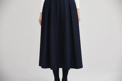 Navy Wool Pleated Midi Skirt - Wide Waistband, Leather Detail 2245