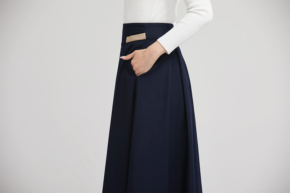 blue wool winter pleated skirt for women with  wide waist band 2245