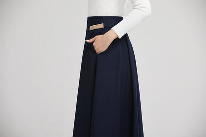 Navy Wool Pleated Midi Skirt - Wide Waistband, Leather Detail 2245