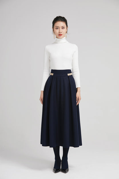 Navy Wool Pleated Midi Skirt - Wide Waistband, Leather Detail 2245
