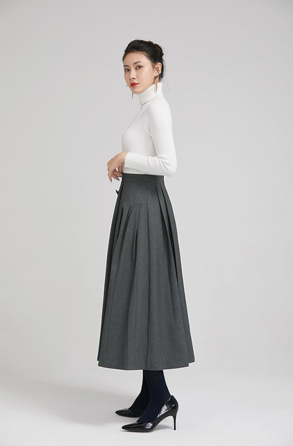 Grey Wool Pleated Midi Skirt - Asymmetrical Button Detail 2246