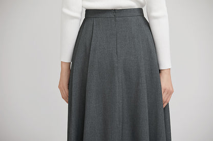Grey Wool Pleated Midi Skirt - Asymmetrical Button Detail 2246