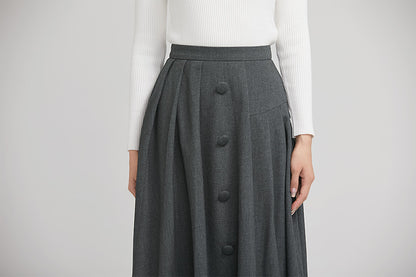 Grey Wool Pleated Midi Skirt - Asymmetrical Button Detail 2246