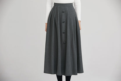 Grey Wool Pleated Midi Skirt - Asymmetrical Button Detail 2246