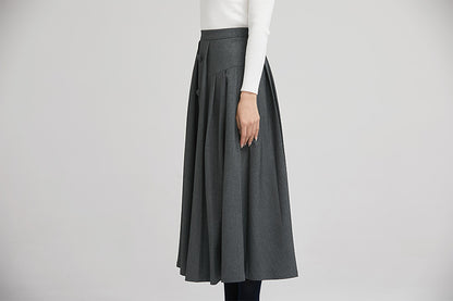 Grey Wool Pleated Midi Skirt - Asymmetrical Button Detail 2246