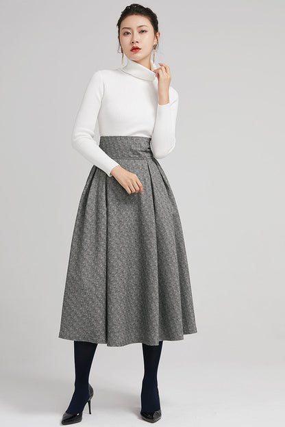 Gray Wool Midi Skirt - High Waist Pleated A-Line with Bow Tie 2247