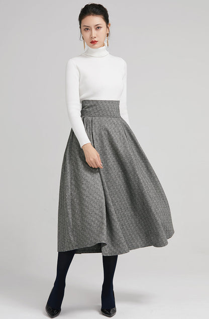 Gray Wool Midi Skirt - High Waist Pleated A-Line with Bow Tie 2247