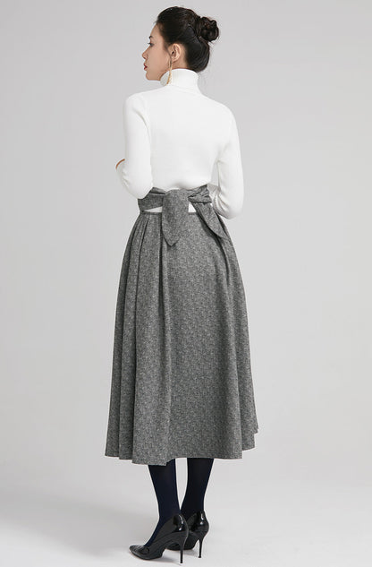 Gray Wool Midi Skirt - High Waist Pleated A-Line with Bow Tie 2247