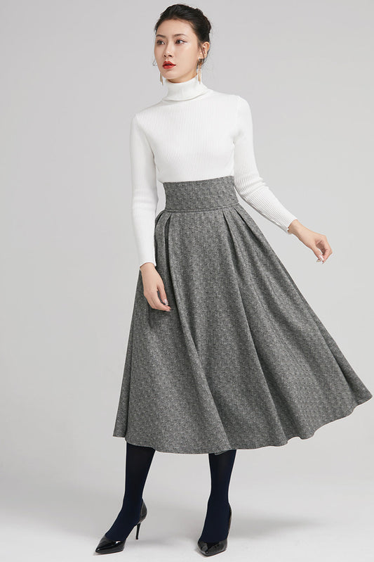 Gray Wool Midi Skirt - High Waist Pleated A-Line with Bow Tie 2247