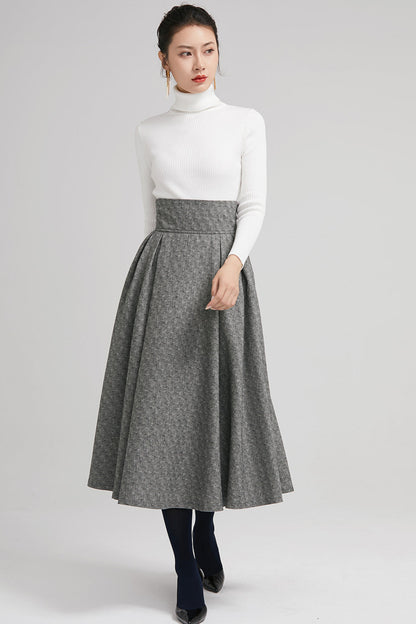 Gray Wool Midi Skirt - High Waist Pleated A-Line with Bow Tie 2247