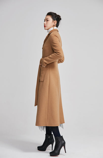 Handmade Camel Wool Coat – Elegant Long A-Line Winter Overcoat with Belt 2248