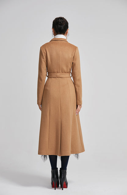 Handmade Camel Wool Coat – Elegant Long A-Line Winter Overcoat with Belt 2248