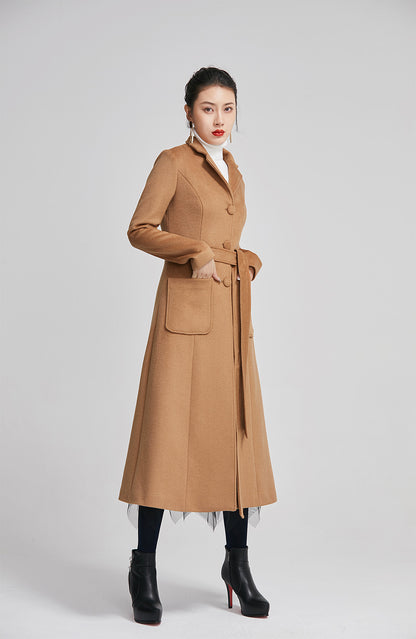 Handmade Camel Wool Coat – Elegant Long A-Line Winter Overcoat with Belt 2248
