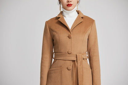 Handmade Camel Wool Coat – Elegant Long A-Line Winter Overcoat with Belt 2248
