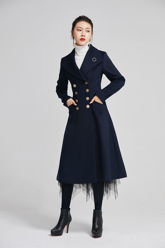 navy wool coat for women with double breasted and pockets  2249