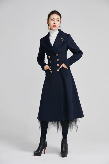Navy Wool Coat - Double Breasted Fitted Flare with Pockets 2249
