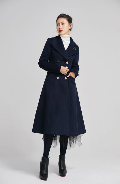 Navy Wool Coat - Double Breasted Fitted Flare with Pockets 2249