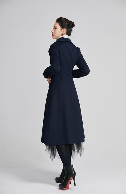 Navy Wool Coat - Double Breasted Fitted Flare with Pockets 2249