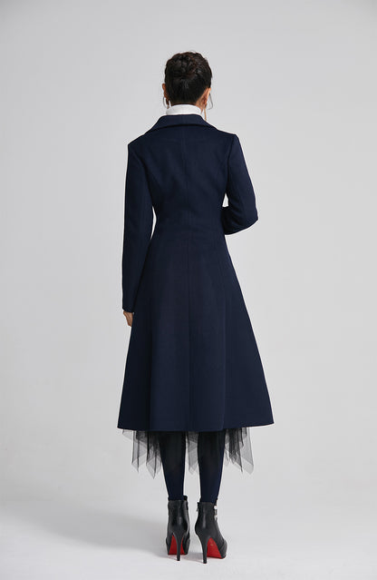 Navy Wool Coat - Double Breasted Fitted Flare with Pockets 2249