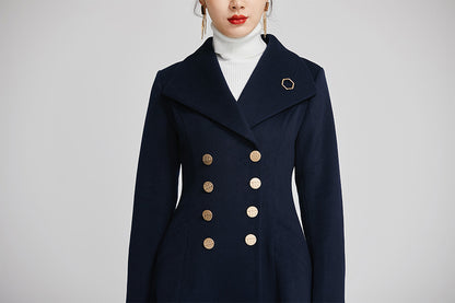 Navy Wool Coat - Double Breasted Fitted Flare with Pockets 2249