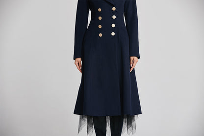 Navy Wool Coat - Double Breasted Fitted Flare with Pockets 2249