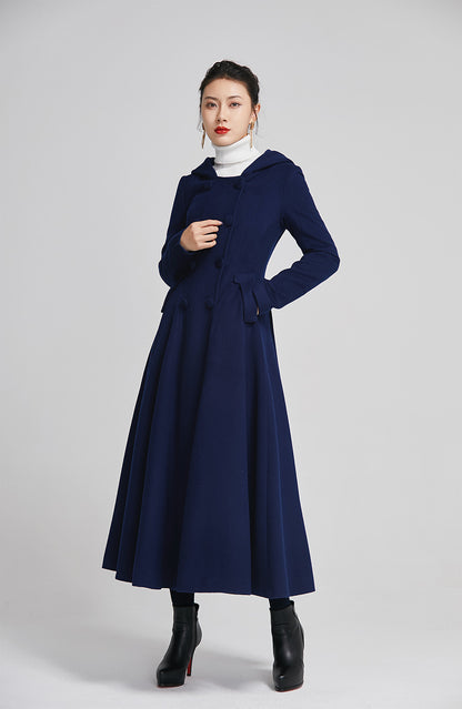 Blue Wool Coat - Double Breasted, Flared Winter Elegance 2250