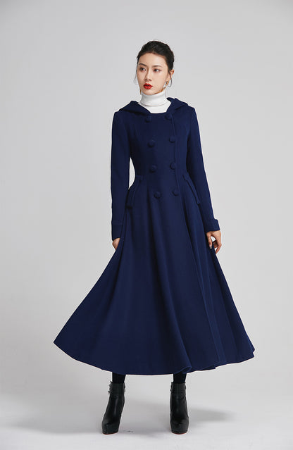 Blue Wool Coat - Double Breasted, Flared Winter Elegance 2250