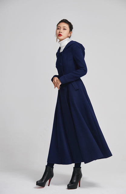 Blue Wool Coat - Double Breasted, Flared Winter Elegance 2250