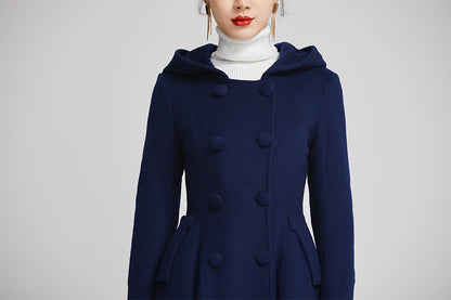 Blue Wool Coat - Double Breasted, Flared Winter Elegance 2250