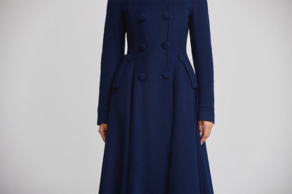 Blue Wool Coat - Double Breasted, Flared Winter Elegance 2250