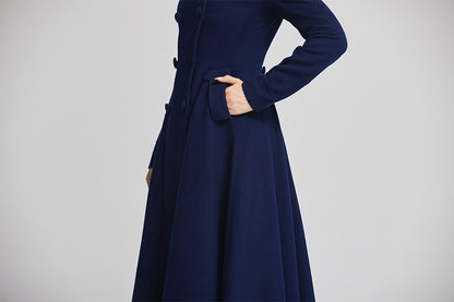 Blue Wool Coat - Double Breasted, Flared Winter Elegance 2250