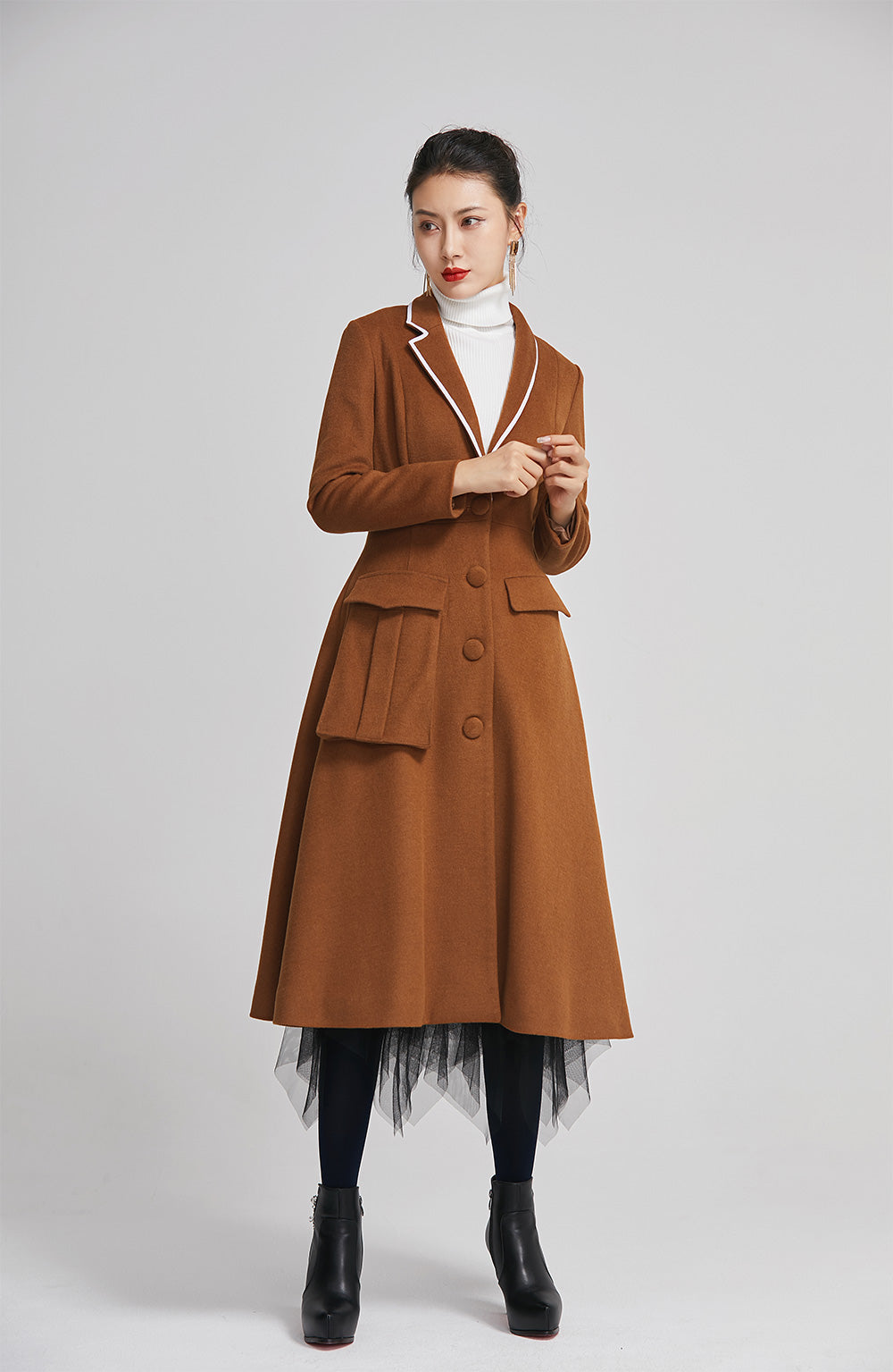 women long wool winter coat with single breasted and pockets 2253