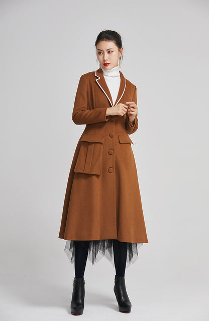 Brown Wool Coat - Long Single Breasted Elegant Winter Coat 2253