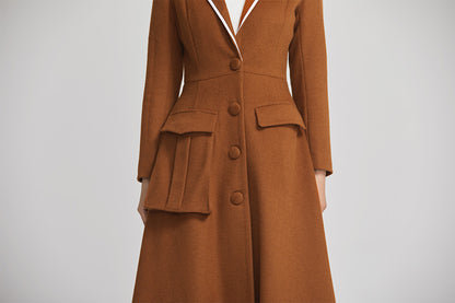 Brown Wool Coat - Long Single Breasted Elegant Winter Coat 2253