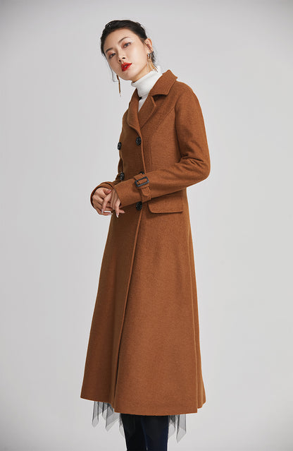 Brown Wool Long Coat - Double Breasted with Flap Pockets 2254