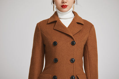 Brown Wool Long Coat - Double Breasted with Flap Pockets 2254